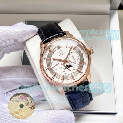 AAA replica Omega De Ville rose gold case moon phase automatic watch black leather strap 